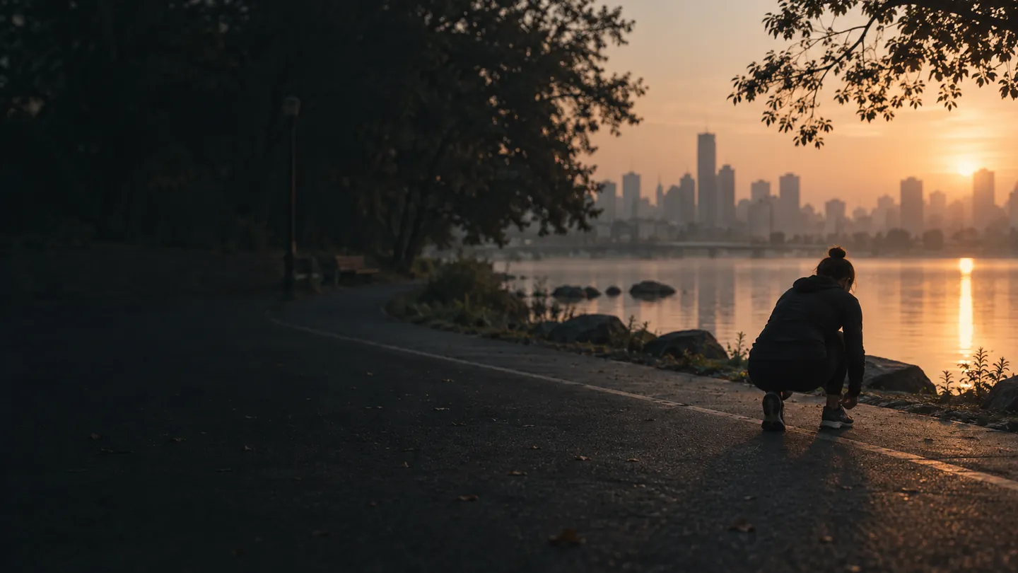 A runner preparing beside the water at dawn